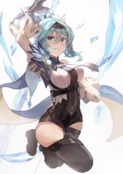 Rule 34 | 1girl, absurdres, black hairband, black leotard, blue hair, blue necktie, boots, breasts, commentary request, covered navel, eula (genshin impact), feathers, genshin impact, gloves, greatsword, hair ornament, hairband, highres, ice, leotard, long sleeves, medium breasts, medium hair, milbi, multicolored eyes, necktie, open mouth, purple eyes, solo, sword, thigh boots, thigh strap, thighhighs, thighs, vision (genshin impact), white background, yellow eyes