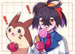 ! 1boy apple black_hair blue_shirt blush candy collared_shirt creatures_(company) crossed_bangs food food_on_face fruit furret game_freak gen_2_pokemon gloves hair_between_eyes hairband holding holding_candy holding_food holding_fruit holding_lollipop jacket kieran_(pokemon) lollipop male_focus mole mole_on_neck motiumai multicolored_hair nintendo open_mouth orange_eyes orange_hairband partially_fingerless_gloves pokemon pokemon_(creature) pokemon_sv purple_hair red_gloves shirt simple_background swirl_lollipop upper_body white_jacket