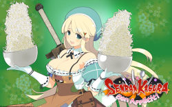 Rule 34 | 10s, 1girl, 2014, apron, bare shoulders, blonde hair, breasts, chopsticks, cleavage, copyright name, detached collar, dress, floral background, food, fork, gloves, highres, knife, large breasts, looking at viewer, marvelous entertainment, no bra, official art, official wallpaper, patch, puffy short sleeves, puffy sleeves, senran kagura, senran kagura: bon appetit, short sleeves, solo, spoon, tagme, wallpaper, weapon, white gloves, yaegashi nan, yomi (senran kagura)