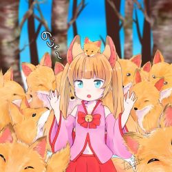 Rule 34 | 1girl, animal, animal ears, artist name, bad id, bad pixiv id, bell, blonde hair, blue eyes, blunt bangs, blurry, blurry background, commentary request, fox, fox ears, fox on head, hands up, jingle bell, kemomimi oukoku kokuei housou, long hair, looking at viewer, mikoko (kemomimi oukoku kokuei housou), navel, open mouth, signature, solo, tama-chan (tamachanchi), too many foxes, tree, twintails, virtual youtuber, wide sleeves