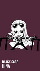 Rule 34 | 1girl, arms up, blacknirrow, breasts, character name, chibi, cigarette, cleavage, coat, coat on shoulders, english text, epaulettes, eyewear on head, female focus, forehead, full body, high heels, highres, hina (one piece), large breasts, legs apart, long hair, long sleeves, monochrome, mouth hold, one piece, outstretched arms, pants, parted lips, purple background, shirt, shoes, sidelocks, simple background, sketch, smoke, smoking, solo, spread fingers, standing, sunglasses