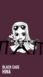 1girl arms_up blacknirrow breasts character_name chibi cigarette cleavage coat coat_on_shoulders english_text epaulettes eyewear_on_head female_focus forehead full_body high_heels highres hina_(one_piece) large_breasts legs_apart long_hair long_sleeves monochrome mouth_hold one_piece outstretched_arms pants parted_lips purple_background shirt shoes sidelocks simple_background sketch smoke smoking solo spread_fingers standing sunglasses