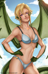 Rule 34 | 10s, 1girl, bikini, blonde hair, breasts, claws, cloud, day, draco (monster musume), dragon girl, dragon tail, dragon wings, edwin disla, hands on own hips, highres, lens flare, monster girl, monster musume no iru nichijou, navel, pointy ears, purple eyes, scales, short hair, signature, sky, small breasts, solo, swimsuit, tail, watermark, web address, wings