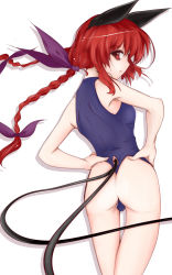 Rule 34 | 1girl, animal ears, ass, back, bad id, bad pixiv id, braid, butt crack, cat ears, cat girl, cat tail, clothing cutout, female focus, from behind, hair ribbon, hands on own hips, kaenbyou rin, long hair, looking back, multiple tails, one-piece swimsuit, red eyes, red hair, ribbon, solo, swimsuit, tail, tail through clothes, touhou, twin braids, wahara romasa, warc