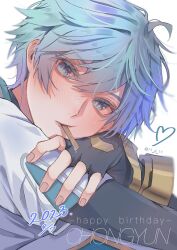Rule 34 | 11 vi 11, 1boy, artist name, birthday, black gloves, blue eyes, blue hair, blurry, blush, character name, cheek rest, chongyun (genshin impact), closed mouth, commentary request, dated, depth of field, fingerless gloves, food in mouth, genshin impact, gloves, hair between eyes, happy birthday, heart, highres, light blue hair, looking at viewer, male focus, popsicle, popsicle in mouth, popsicle stick, portrait, short hair, simple background, slit pupils, solo, twitter username, white background