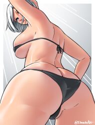 Rule 34 | 1girl, arm up, armpits, ass, bare shoulders, bikini, black bikini, blue eyes, breasts, butt crack, closed mouth, cowboy shot, dracksart, from behind, from below, gradient background, grey background, grey hair, highres, large breasts, looking back, nack, nier:automata, nier (series), short hair, sideboob, solo, standing, swimsuit, 2b (nier:automata)