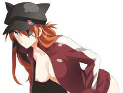 Rule 34 | 10s, 1girl, animal hat, bad id, bad pixiv id, blue eyes, bottomless, breasts, cat hat, evangelion: 3.0 you can (not) redo, eyepatch, hat, jacket, long hair, naked jacket, neon genesis evangelion, nipples, open clothes, orange hair, rebuild of evangelion, solo, souryuu asuka langley, track jacket, unzipped