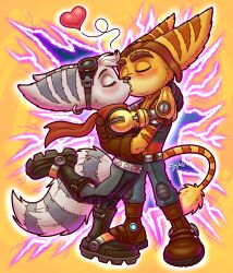 Rule 34 | blush, boots, couple, french kiss, goggles, goggles on head, heart, highres, kiss, lombax, luchosfactory, mechanical arms, ratchet &amp; clank, ratchet &amp; clank: rift apart, ratchet (ratchet &amp; clank), rivet (ratchet &amp; clank), scarf, ship, single mechanical arm, standing, standing on one leg, watercraft