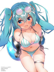 Rule 34 | 1girl, aqua eyes, aqua hair, arms behind back, artist name, ball, bare shoulders, beachball, bikini, bloom, blush, breasts, cleavage, collarbone, cowboy shot, detached sleeves, diffraction spikes, floating hair, gluteal fold, goggles, goggles on head, hair between eyes, halkawa501, halterneck, hatsune miku, highres, holding, leaning forward, long hair, looking at viewer, medium breasts, navel, number tattoo, open mouth, side-tie bikini bottom, sideboob, simple background, smile, solo, striped bikini, striped clothes, swimsuit, tattoo, thigh gap, thigh strap, thighhighs, tsurime, twintails, vocaloid, white background, white thighhighs
