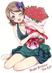 Rule 34 | 1girl, absurdres, blue dress, blue eyes, blush, bouquet, bow, breasts, brown hair, cleavage, dated, dress, flower, full body, hair bow, hair flower, hair ornament, happy birthday, high heels, highres, holding, jewelry, lips, looking at viewer, love live!, love live! school idol festival, love live! sunshine!!, medium breasts, necklace, one eye closed, open mouth, pearl necklace, rose, sankuro (agoitei), scan, short hair, simple background, sitting, smile, solo, teeth, text focus, watanabe you, white background