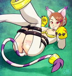 Rule 34 | 00s, 1girl, anal, anal object insertion, anal tail, animal ears, animal hands, ass, ass cutout, bell, breast cutout, breasts, brown hair, butt plug, cat ears, cleft of venus, clothing cutout, cosplay, digimon, digimon adventure, digimon adventure 02, fake animal ears, fake tail, gradient background, hair ornament, hairband, hairclip, lactation, legs together, legs up, looking at viewer, lying, milk, my pet tentacle monster, nipple piercing, nipples, no bra, no panties, object insertion, on back, paw pose, pet play, piercing, pussy, pussy juice, red eyes, sex toy, smile, solo, strap, striped, striped tail, symbol, tail, tailmon, tailmon (cosplay), tattoo, thighs, tongue, tongue out, uncensored, yagami hikari