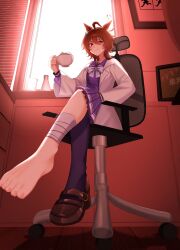Rule 34 | 1girl, agnes tachyon (umamusume), ahoge, animal ears, bandaged leg, bandages, barefoot, beaker, black thighhighs, brown hair, chair, chemical structure, coat, cup, drawer, drawing (object), earrings, erlenmeyer flask, flask, highres, holding, holding cup, horse ears, horse girl, indoors, jewelry, koyox ll, lab coat, light smile, long sleeves, office chair, open clothes, open coat, picture frame, pleated skirt, purple serafuku, purple shirt, purple skirt, red eyes, school uniform, serafuku, shirt, single barefoot, single earring, single thighhigh, sitting, skirt, solo, swivel chair, thighhighs, tracen school uniform, umamusume, white coat, window, wolf cut