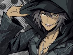 Rule 34 | 1boy, absurdres, black coat, bracelet, coat, dark-skinned male, dark skin, eyebrows, facial mark, facial mark, fangs, grey hair, hand on headwear, highres, hood, hood up, hoodie, jewelry, looking at viewer, male focus, minamimoto sho, necklace, shin subarashiki kono sekai, smile, solo, solo focus, spiked hair, subarashiki kono sekai, upper body, whisker markings, yellow eyes