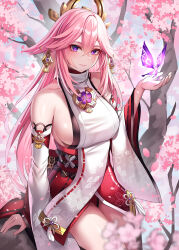 Rule 34 | 1girl, absurdres, animal ears, bare shoulders, blush, breasts, cherry blossoms, closed mouth, crystalfly (genshin impact), floral print, fox ears, fox girl, genshin impact, hair ornament, hand up, highres, japanese clothes, large breasts, long hair, long sleeves, looking at viewer, miko, nano (syoutamho), pink hair, purple eyes, sideboob, smile, solo, thighs, wide sleeves, yae miko