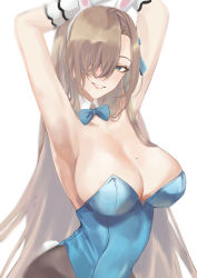 Rule 34 | 1girl, animal ears, armpits, arms behind head, arms up, asuna (blue archive), asuna (bunny) (blue archive), bare shoulders, blue archive, blue leotard, blush, bow, bowtie, breasts, cleavage, detached collar, fake animal ears, hair over one eye, highres, karen ngao, large breasts, leotard, light brown hair, long hair, looking at viewer, mole, mole on breast, pantyhose, playboy bunny, rabbit ears, smile, solo, traditional bowtie