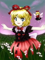 Rule 34 | 1girl, :d, back bow, black shirt, blonde hair, blue eyes, bow, bow choker, choker, field, flower, flower field, hair ribbon, lily of the valley, lowres, medicine melancholy, medinki, nameless hill, official style, open mouth, outdoors, outstretched arms, puffy short sleeves, puffy sleeves, red bow, red choker, red ribbon, red skirt, ribbon, shirt, short hair, short sleeves, skirt, smile, spread arms, su-san, teeth, touhou, upper teeth only, white bow, white flower, zun (style)