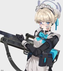 Rule 34 | 1girl, absurdres, ammunition pouch, apron, artist name, assault rifle, bandage on face, bandages, bandaid, bandaid on face, bandaid on nose, black dress, black gloves, blonde hair, blue archive, blue bow, blue bowtie, blue eyes, bow, bowtie, buckle, dress, fingerless gloves, gar32, gloves, grey background, gun, h&amp;k g11, highres, injury, looking at viewer, maid, maid apron, maid headdress, pouch, rifle, science fiction, serious, snap-fit buckle, solo, toki (blue archive), weapon, white apron, white headdress