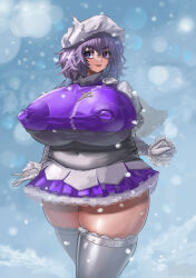 Rule 34 | 1girl, breasts, commentary, covered erect nipples, covered navel, curvy, highres, huge breasts, lapel pin, letty whiterock, long sleeves, looking at viewer, masahiro (toshigoum), outdoors, plump, purple headwear, snow, snowing, solo, thighhighs, thighs, touhou, weapon, white headwear, white thighhighs