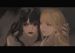 Rule 34 | 2girls, absurdres, black hair, black nails, blonde hair, blue eyes, closed mouth, collarbone, commentary, final fantasy, final fantasy xiv, gaia (ff14), hand on another&#039;s head, highres, letterboxed, long hair, multiple girls, nail polish, red lips, ryne waters, shuangbatian, upper body