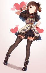 Rule 34 | 1girl, ;), ankle boots, black footwear, black hat, black thighhighs, blush, boots, breasts, brown eyes, brown hair, closed mouth, dress, floral print, frilled dress, frills, full body, gradient background, hand on own hip, hand up, hat, heart, idolmaster, idolmaster million live!, idolmaster million live! theater days, index finger raised, kamille (vcx68), kitazawa shiho, legs apart, long hair, looking at viewer, medium breasts, mini hat, mini top hat, nail polish, one eye closed, pink nails, print dress, rose print, short sleeves, smile, solo, standing, striped, thighhighs, top hat, wrist cuffs, zettai ryouiki