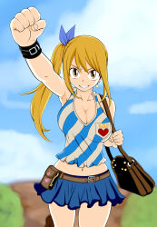 Rule 34 | 1girl, blonde hair, breasts, cleavage, fairy tail, hair ornament, highres, large breasts, legs, long hair, lucy heartfilia, miniskirt, sexually suggestive, skirt, sky