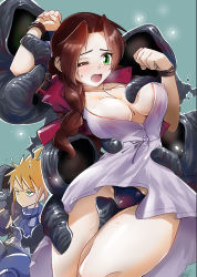 Rule 34 | 1boy, 1girl, aerith gainsborough, annoyed, black panties, blonde hair, bolo tie, breasts, brown hair, cleavage, cropped jacket, dress, final fantasy, final fantasy vii, final fantasy vii remake, grabbing, green eyes, groping, highres, jacket, large breasts, long hair, one eye closed, open mouth, panties, pink dress, red jacket, robojanai, spiked hair, sweat, underwear, whispers (ff7)