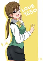 Rule 34 | 1girl, :d, bad id, bad twitter id, brown eyes, brown hair, cosplay, dars (recolors), dated, from side, futami mami, hand on own cheek, hand on own face, headset, idolmaster, idolmaster (classic), open mouth, otonashi kotori, otonashi kotori (cosplay), pencil skirt, side ponytail, skirt, smile, solo, thighhighs, zettai ryouiki
