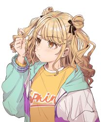 Rule 34 | 1girl, alternate hairstyle, blush, borrowed hairstyle, commentary request, double bun, fujita kotone, gakuen idolmaster, hair bun, hair ribbon, hanami saki, highres, holding, holding own hair, idolmaster, jacket, long hair, long sleeves, looking up, multicolored clothes, multicolored jacket, open clothes, open jacket, ribbon, shirt, simple background, solo, tanupon, two side up, upper body, white background, yellow shirt