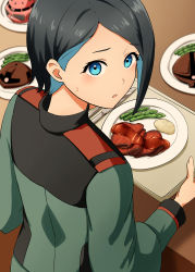 Rule 34 | 1girl, asparagus, asticassia school uniform, blue hair, commentary request, from behind, gogg, gundam, gundam suisei no majo, highres, holding, holding tray, kamelie, knife, looking at viewer, mobile suit gundam, multicolored hair, nika nanaura, roast beef, school uniform, short hair, solo, swept bangs, tray, two-tone hair, upper body, z&#039;gok, zaku