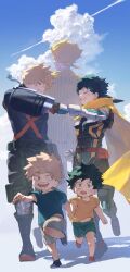 Rule 34 | 3boys, age progression, aged down, armored gloves, bakugou katsuki, belt, belt pouch, black footwear, black shirt, blonde hair, blue sky, boku no hero academia, brown belt, cape, child, clenched hand, closed eyes, cloud, commentary, compression shirt, crying, cut (nifuhami 35), facial scar, fist bump, formal, freckles, gloves, green hair, green shirt, green shorts, highres, holding hands, jacket, male focus, midoriya izuku, midriff peek, multicolored clothes, multicolored gloves, multiple boys, navel, open mouth, orange eyes, orange shirt, orange stripes, pants, pouch, running, scar, scar on cheek, scar on face, shadow, shirt, shoes, short hair, shorts, sky, smile, striped clothes, striped jacket, striped pants, suit, suit jacket, t-shirt, tears, teeth, thigh pouch, upper teeth only, vertical-striped clothes, vertical-striped jacket, vertical-striped pants, white gloves, white shorts, yagi toshinori, yellow cape, yellow pants, yellow suit