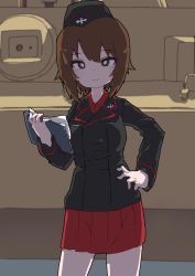 Rule 34 | 1girl, black hat, blush, bright pupils, clipboard, gingerbullet, girls und panzer, hand on own hip, hand up, hat, highres, kuromorimine military uniform, long sleeves, looking at viewer, military, military vehicle, motor vehicle, nishizumi maho, pleated skirt, red skirt, skirt, smile, solo, standing, tank, thighs, vehicle, white pupils