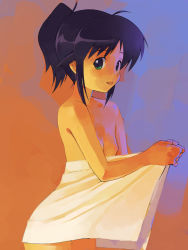 Rule 34 | 1girl, andou mahoro, bare shoulders, bath towel, black hair, breasts, collarbone, faux traditional media, flat chest, green eyes, kizaki, looking at viewer, mahoromatic, multicolored background, naked towel, nipples, short hair, simple background, small breasts, solo, standing, towel