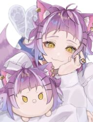 Rule 34 | 1boy, :3, animal ears, aroha252538, cat boy, cat ears, cat tail, character doll, che&#039;nya, closed mouth, ear piercing, expressionless, hair ornament, hairpin, head rest, highres, light purple hair, long sleeves, male focus, multicolored hair, piercing, purple hair, solo, sweater, tail, twisted wonderland, white background, white sweater, yellow eyes