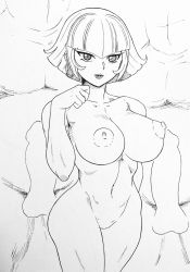 Rule 34 | 1girl, breasts, censored, cowboy shot, erection, facing viewer, greyscale, hahanako-san (youkai gakuen y), highres, hokuto (tokuho), large penis, linea alba, lipstick, looking at viewer, makeup, medium breasts, monochrome, multiple penises, navel, no pussy, nude, penis, short hair, standing, youkai watch, youkai watch jam: youkai gakuen y