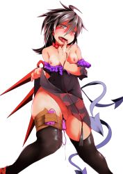Rule 34 | 1girl, :d, ahoge, asymmetrical wings, black hair, black thighhighs, blush, breasts, breasts out, clothes lift, collar, dress, dress lift, drooling, exhibitionism, fat rolls, houjuu nue, leash, licking, licking finger, licking hand, nipples, off shoulder, open mouth, public indecency, pussy juice, red eyes, saliva, saliva trail, sex toy, short hair, skindentation, small breasts, smile, solo, tape, teinba, thick thighs, thighhighs, thighs, tongue, touhou, vibrator, white background, wide hips, wings