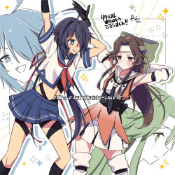 Rule 34 | 2girls, ahoge, arm behind head, black hair, blue eyes, blue sailor collar, blue skirt, brown eyes, brown hair, buttons, commission, dancing, double-breasted, elbow gloves, eye contact, feet out of frame, forehead protector, gloves, green headband, hachimaki, hair intakes, hair over one eye, half updo, headband, jintsuu (kancolle), jintsuu kai ni (kancolle), kako (kancolle), kako kai ni (kancolle), kantai collection, long hair, looking at another, low ponytail, multiple girls, neckerchief, oddloop, orange shirt, pleated skirt, ponytail, r-king, red neckerchief, sailor collar, school uniform, serafuku, shirt, short sleeves, single elbow glove, skirt, sleeveless, sleeveless shirt, thighhighs, white sailor collar, white skirt