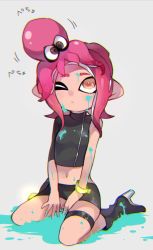 Rule 34 | 1girl, ;(, absurdres, agent 8 (splatoon), asymmetrical clothes, bangle, bare arms, bare shoulders, between legs, black footwear, black skirt, blush, boots, bracelet, brown eyes, closed mouth, creature, creature on head, danimaru, facepaint, full-face blush, full body, grey background, hand between legs, high heel boots, high heels, highres, ink, jewelry, knee boots, looking up, mask, miniskirt, motion lines, nintendo, octoling, octoling girl, octoling player character, orange eyes, pink hair, pointy ears, short hair with long locks, sidelocks, simple background, single sleeve, sitting, skirt, sleeves past elbows, splatoon (series), splatoon 2, splatoon 2: octo expansion, squid, takozonesu, tentacle hair, tentacles, thigh strap, wariza
