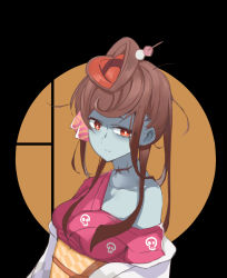 Rule 34 | 10s, 1girl, bad id, bad pixiv id, blue kimono, blue skin, bright pupils, brown hair, closed mouth, colored skin, food-themed hair ornament, hair ornament, hairpin, highres, japanese clothes, kimono, looking at viewer, mitu yang, obi, off shoulder, red eyes, sash, scar, solo, upper body, yuugiri (zombie land saga), zombie, zombie land saga