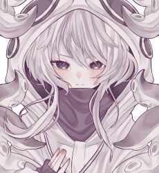 Rule 34 | 1girl, bad id, bad pixiv id, blush, closed mouth, codename jaroa, commentary, english commentary, grey eyes, grey hair, hair between eyes, hand up, highres, hood, hood up, hooded jacket, jacket, original, simple background, solo, suction cups, tentacles, upper body, white background, white jacket