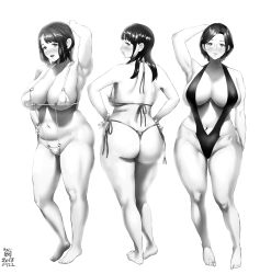 Rule 34 | 3girls, arm behind head, artist name, ass, barefoot, belly chain, bikini, blush, breasts, commentary request, curvy, dated, full body, glasses, greyscale, hand on own hip, hands on own hips, highres, huge ass, hyji, jewelry, large breasts, long hair, looking at viewer, looking back, mature female, micro bikini, monochrome, multiple girls, o-ring, o-ring bikini, original, plump, rei taguchi (hyji), short hair, side-tie bikini bottom, signature, simple background, slingshot swimsuit, standing, swimsuit, thick thighs, thighs, thong, thong bikini, white background, wide hips