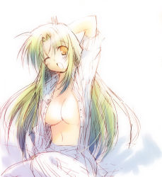 Rule 34 | breasts, green hair, large breasts, one eye closed, open clothes, pajamas, sketch, solo, wink, yawning, yellow eyes