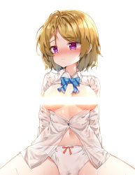 Rule 34 | 10s, 1girl, absurdres, blue bow, blush, bow, bow panties, breasts, breasts out, brown hair, cameltoe, censored, closed mouth, collared shirt, diagonal stripes, dress shirt, highres, koizumi hanayo, light censor, long sleeves, looking away, looking to the side, love live!, love live! school idol project, medium breasts, navel, nipple slip, nipples, no bra, nose blush, otonokizaka school uniform, panties, pointless censoring, purple eyes, school uniform, shirt, simple background, solo, spread legs, striped, striped bow, sweat, tandohark, tears, underwear, white background, white panties, white shirt