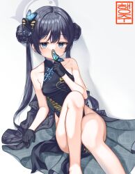Rule 34 | 1girl, black hair, blue archive, bug, butterfly, china dress, chinese clothes, dress, heangju, highres, insect, kisaki (blue archive), korean text, long hair, sitting, sleeveless, solo, white background