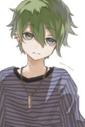 Rule 34 | 1boy, absurdres, amami rantaro, artist name, closed mouth, danganronpa (series), danganronpa v3: killing harmony, ear piercing, earrings, green eyes, green hair, hair between eyes, highres, jewelry, long sleeves, male focus, narudo, necklace, piercing, shirt, short hair, smile, solo, striped clothes, striped shirt, upper body, white background