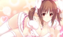 Rule 34 | 10s, 1girl, :t, animal costume, animal ears, breasts, brown eyes, brown hair, bunny girl, cleavage, fur trim, gloves, idolmaster, idolmaster cinderella girls, jewelry, large breasts, looking at viewer, nakatama kyou, necklace, rabbit costume, rabbit ears, short shorts, short twintails, shorts, thighhighs, totoki airi, twintails, white thighhighs