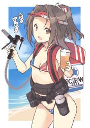 Rule 34 | 1girl, alcohol, alternate costume, american flag bikini, american flag print, backpack, bag, bare arms, beach, beer, belt, belt pouch, bikini, blush, breasts, brown hair, collarbone, commentary request, covered erect nipples, cowboy shot, cup, day, disposable cup, flag print, headband, heart, high ponytail, highleg, highleg bikini, holding, kantai collection, light brown hair, long hair, looking at viewer, nakadori (movgnsk), navel, open mouth, outdoors, pouch, print bikini, sand, sky, small breasts, smile, solo, spoken heart, string bikini, swimsuit, thighs, utility belt, visor cap, zuihou (kancolle)