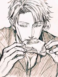 Rule 34 | 1boy, bread, breasts, cleavage, collared shirt, eating, egg, food, fried egg, fried egg on toast, greyscale, highres, holding, holding food, jujutsu kaisen, looking at viewer, male focus, monochrome, nanami kento, nekonii, shirt, short hair, sketch, solo, toast, upper body