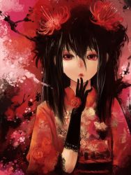 Rule 34 | 1girl, black gloves, black hair, female focus, floral print, flower, gloves, gradient background, hair flower, hair ornament, hand to own mouth, japanese clothes, kanini, kimono, original, plant, red eyes, red flower, red rose, rose, sash, solo, spider lily