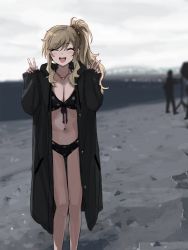 Rule 34 | 1girl, :d, ^ ^, bare legs, beach, bikini, bikini under clothes, black coat, blonde hair, blush, closed eyes, cloud, cloudy sky, coat, day, double v, facing viewer, feet out of frame, front-tie bikini top, front-tie top, goshiki suzu, halterneck, highres, idolmaster, idolmaster cinderella girls, jewelry, long hair, long sleeves, navel, necklace, ohtsuki yui, open clothes, open coat, open mouth, outdoors, polka dot, polka dot bikini, side ponytail, silhouette, sky, sleeves past wrists, smile, solo focus, standing, stomach, swept bangs, swimsuit, thigh gap, unbuttoned, v, water
