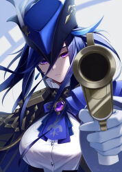 Rule 34 | 1girl, aiming, aiming at viewer, blue cape, blue hair, blue hat, breasts, cape, clorinde (genshin impact), dark blue hair, epaulettes, feathers, genshin impact, gloves, hat, hat feather, highres, kutsuda miru, large breasts, multicolored hair, pointing gun, purple eyes, serious, shirt, solo, streaked hair, tricorne, twitter username, uniform, white gloves, white shirt